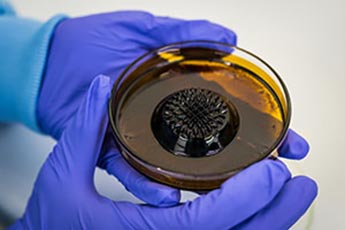 Photo by Alex Holland showing gloved hands holding a sample in a petri dish in the Electronics Clean Lab.